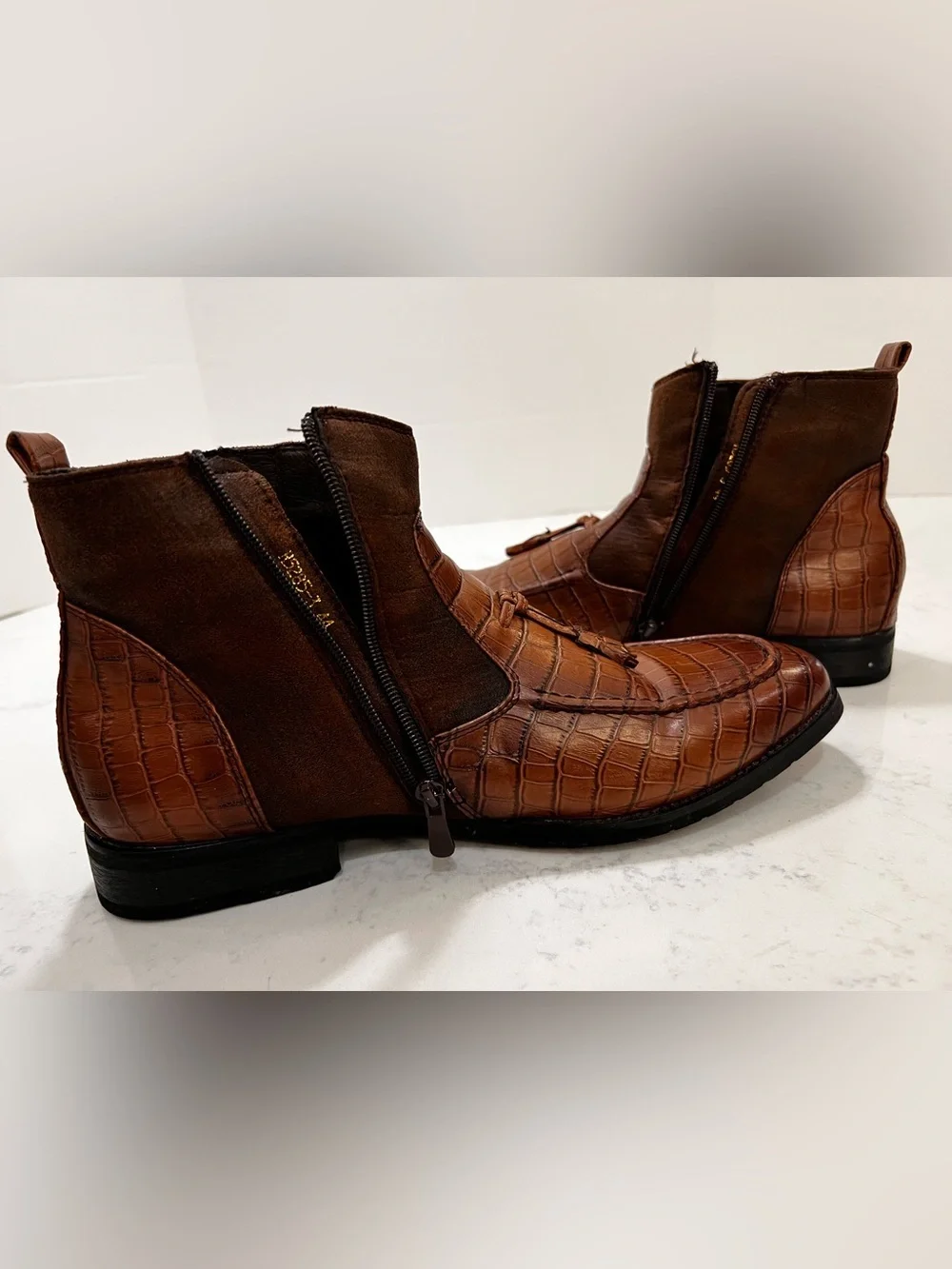 Men's Brown Croc-Embossed Tassel Chelsea Boots